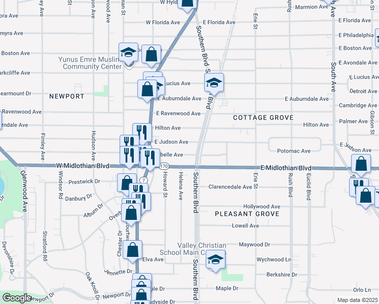 map of restaurants, bars, coffee shops, grocery stores, and more near 94 Labelle Avenue in Youngstown