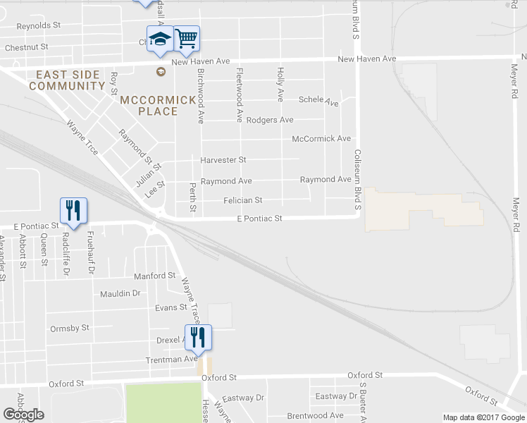 map of restaurants, bars, coffee shops, grocery stores, and more near 3503 Pontiac Street in Fort Wayne