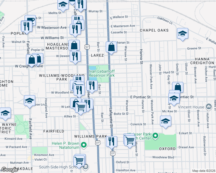 map of restaurants, bars, coffee shops, grocery stores, and more near 301-355 E Suttenfield St in Fort Wayne