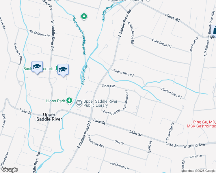 map of restaurants, bars, coffee shops, grocery stores, and more near 11 Cider Hill in Upper Saddle River