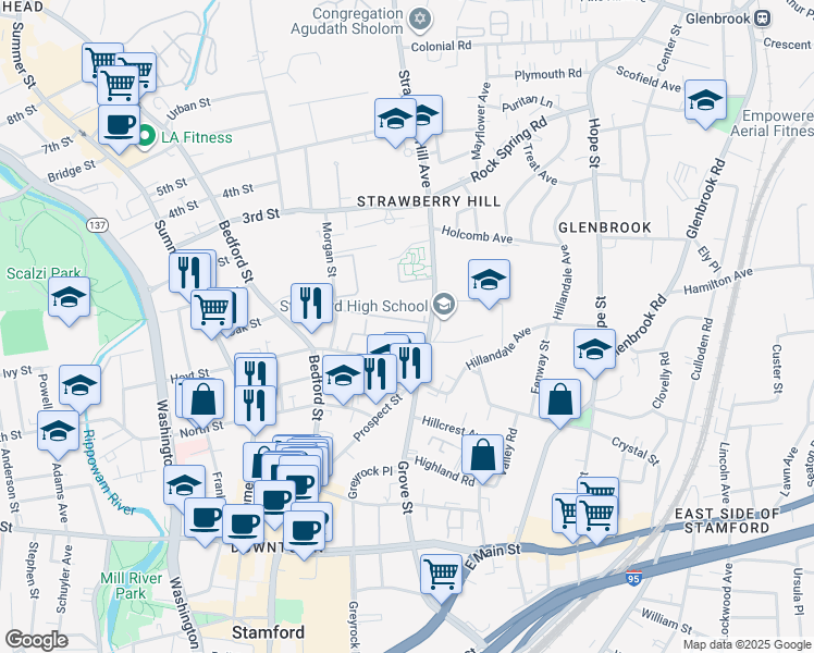 map of restaurants, bars, coffee shops, grocery stores, and more near 140 Hoyt Street in Stamford
