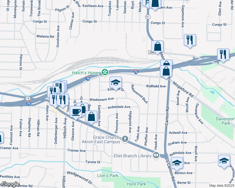 map of restaurants, bars, coffee shops, grocery stores, and more near 2283 Windemere Avenue in Akron