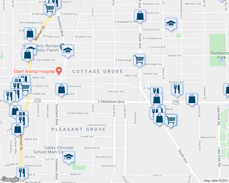 map of restaurants, bars, coffee shops, grocery stores, and more near 3801 Rush Boulevard in Youngstown