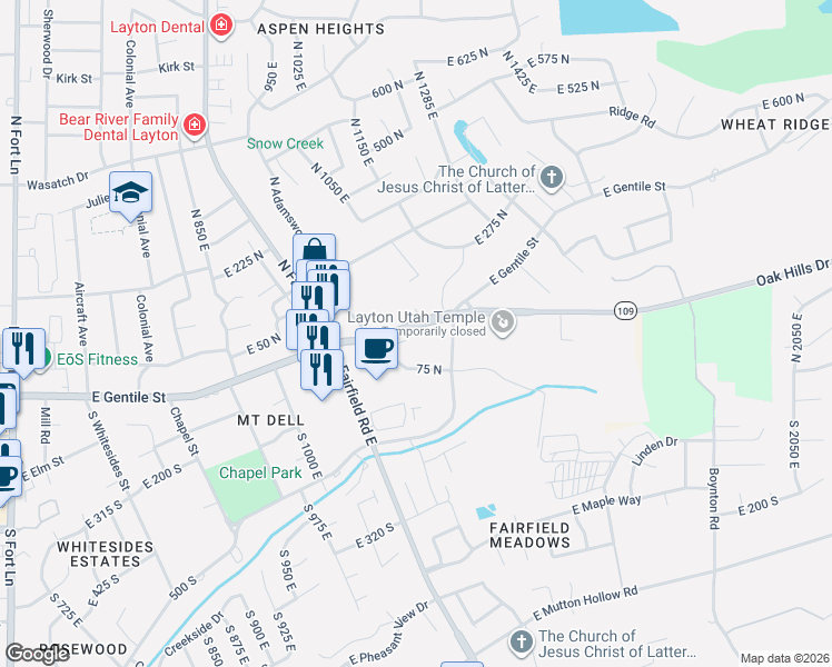 map of restaurants, bars, coffee shops, grocery stores, and more near 1323 East Gentile Street in Layton