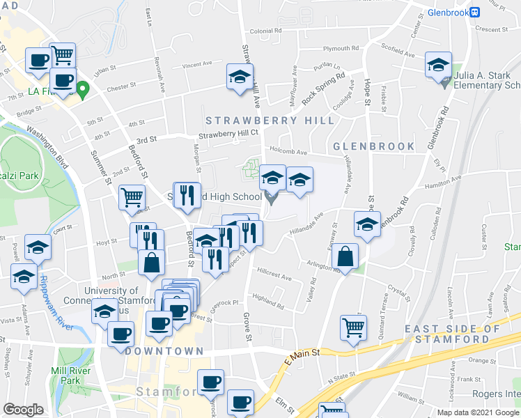 map of restaurants, bars, coffee shops, grocery stores, and more near 55 Strawberry Hill Avenue in Stamford