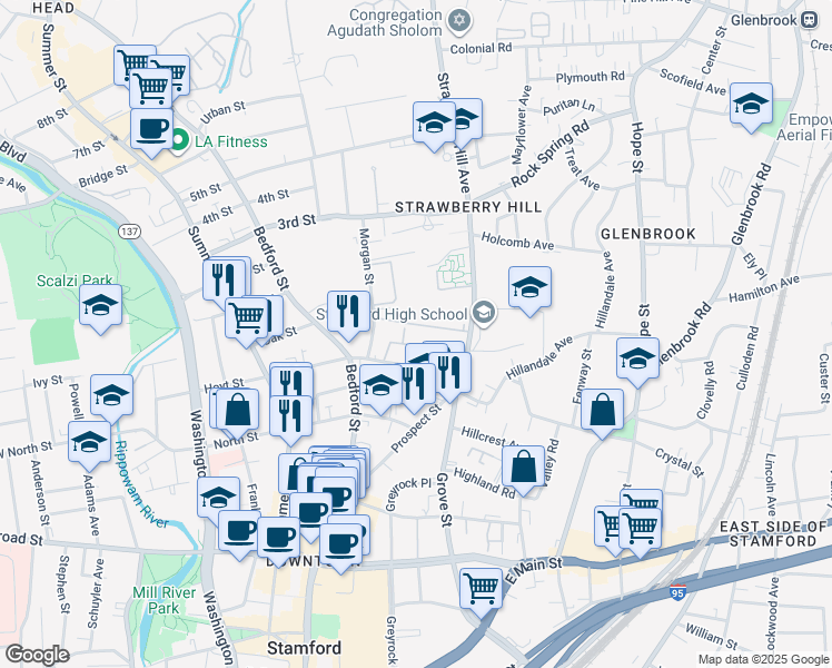 map of restaurants, bars, coffee shops, grocery stores, and more near 140 Hoyt Street in Stamford