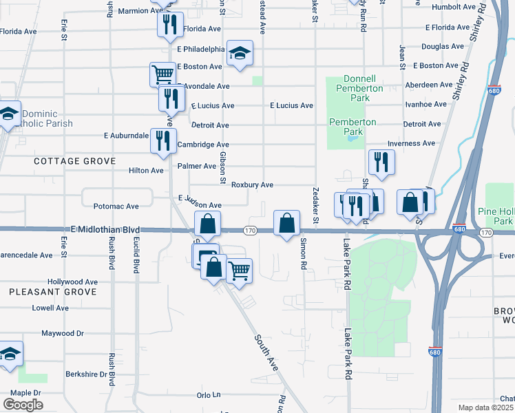 map of restaurants, bars, coffee shops, grocery stores, and more near 807 Roxbury Avenue in Youngstown