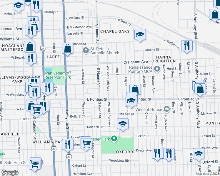 map of restaurants, bars, coffee shops, grocery stores, and more near 2503 Weisser Park Avenue in Fort Wayne