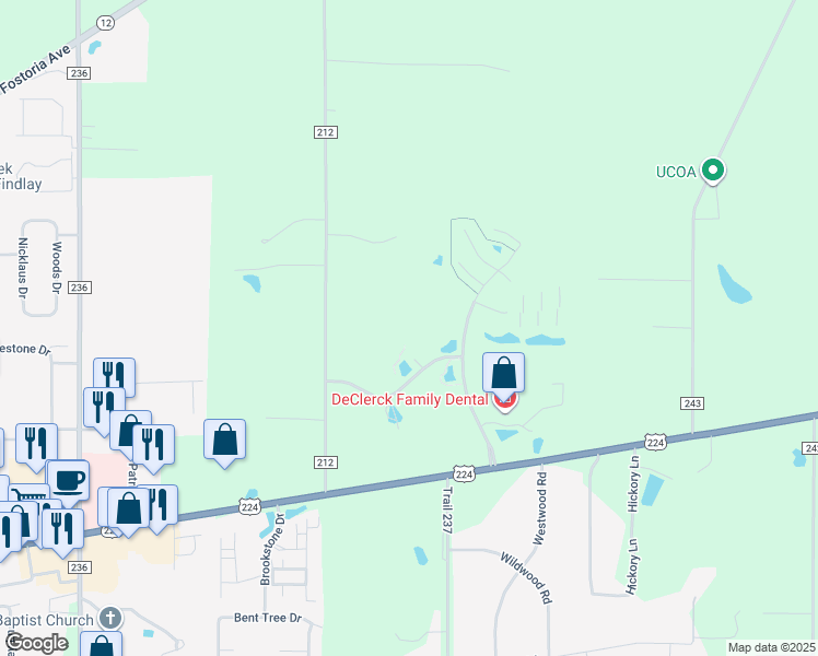 map of restaurants, bars, coffee shops, grocery stores, and more near 15100 Birchaven Lane in Findlay