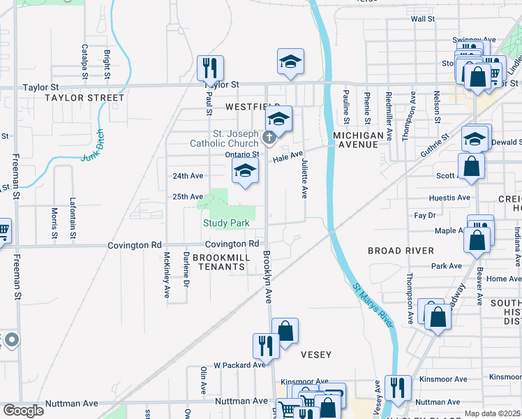 map of restaurants, bars, coffee shops, grocery stores, and more near 2504 Brooklyn Avenue in Fort Wayne