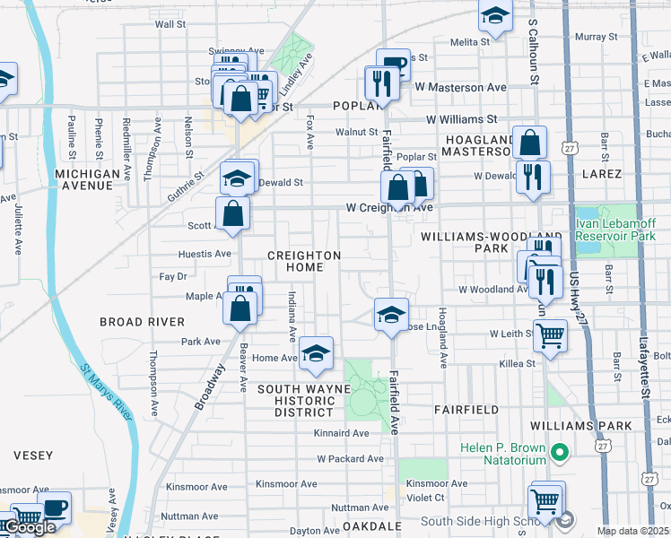 map of restaurants, bars, coffee shops, grocery stores, and more near 2506 South Wayne Avenue in Fort Wayne