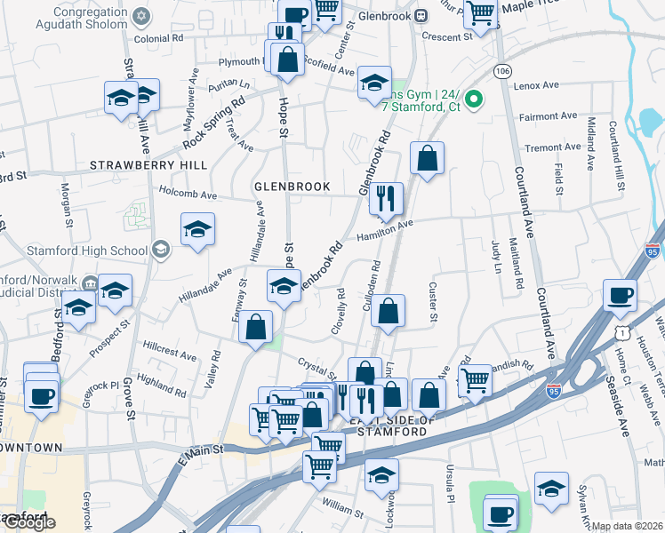 map of restaurants, bars, coffee shops, grocery stores, and more near 253 Glenbrook Road in Stamford