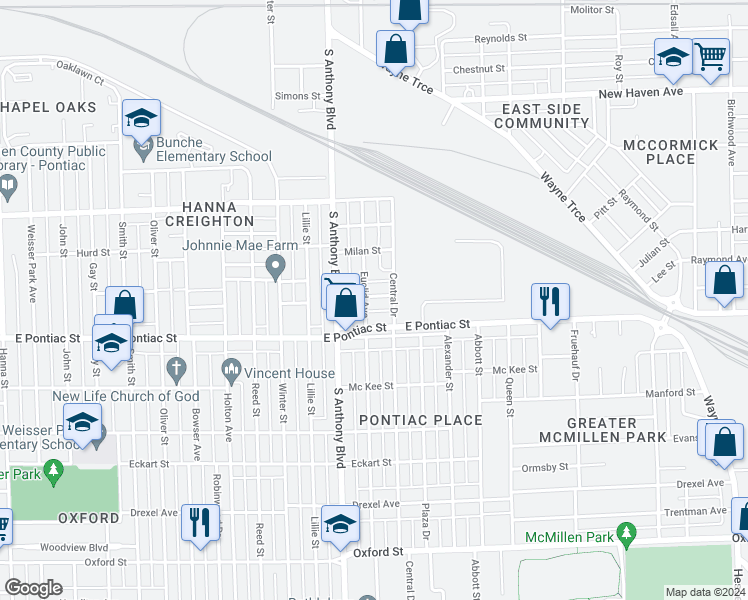 map of restaurants, bars, coffee shops, grocery stores, and more near 1910 Antoinette Street in Fort Wayne