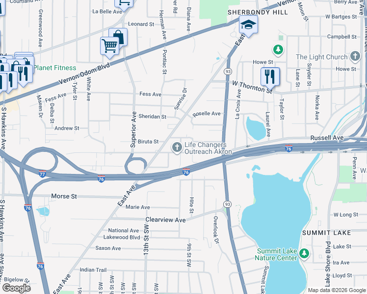 map of restaurants, bars, coffee shops, grocery stores, and more near 698 Fultz Street in Akron
