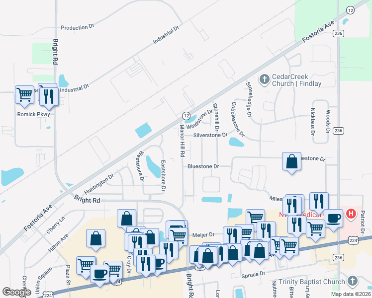 map of restaurants, bars, coffee shops, grocery stores, and more near 1825 Hillstone Drive in Findlay