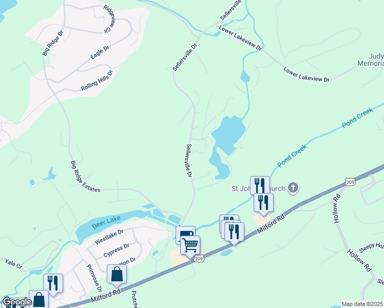 map of restaurants, bars, coffee shops, grocery stores, and more near 56 Sellersville Drive in East Stroudsburg