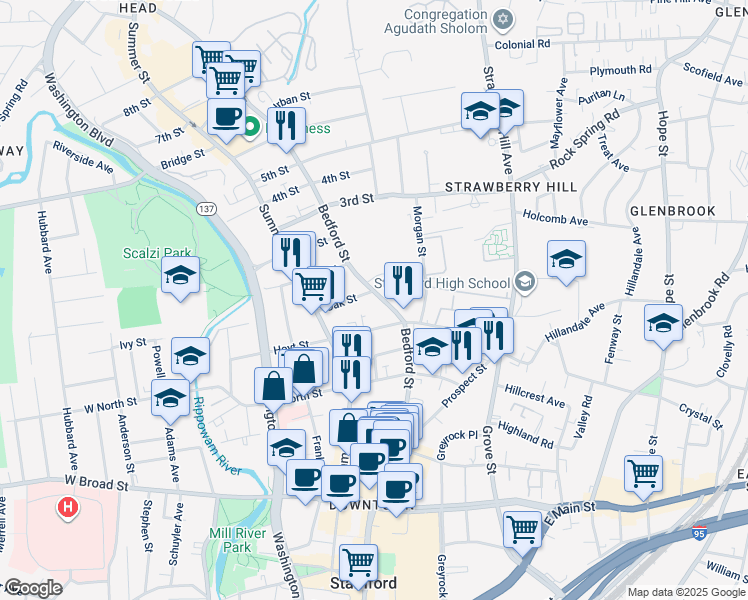 map of restaurants, bars, coffee shops, grocery stores, and more near 50 Bedford Street in Stamford