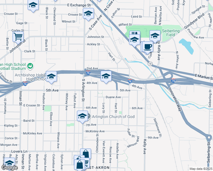 map of restaurants, bars, coffee shops, grocery stores, and more near 1156 4th Avenue in Akron