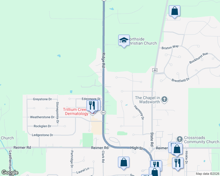 map of restaurants, bars, coffee shops, grocery stores, and more near 7809 Ohio 94 in Wadsworth