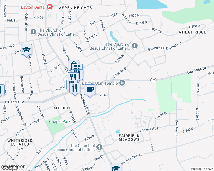 map of restaurants, bars, coffee shops, grocery stores, and more near 1342 East Gentile Street in Layton