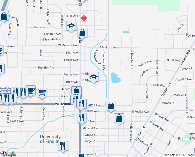 map of restaurants, bars, coffee shops, grocery stores, and more near 205 19th Street in Findlay