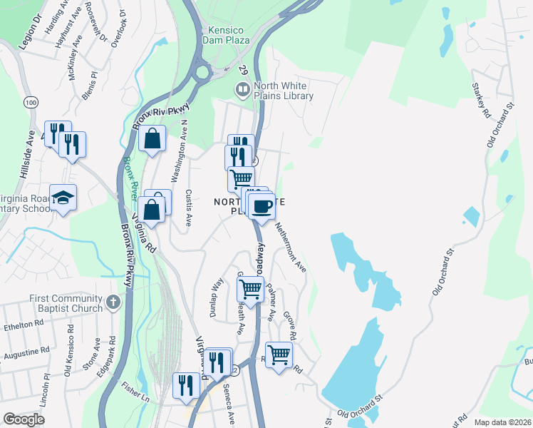 map of restaurants, bars, coffee shops, grocery stores, and more near 81 Nethermont Avenue in White Plains