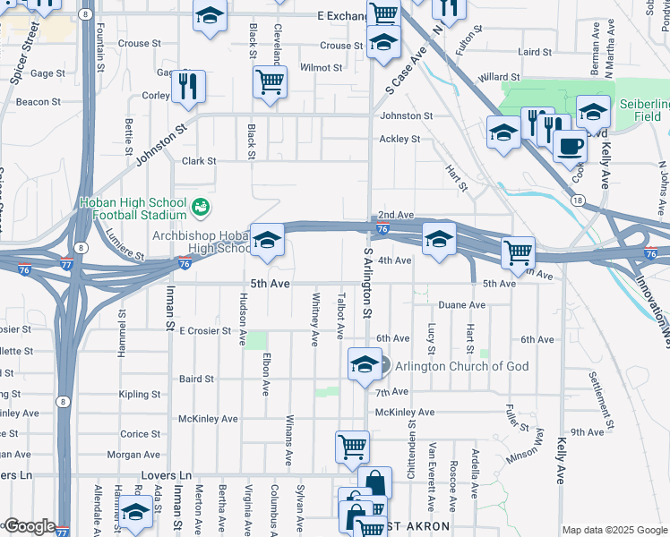 map of restaurants, bars, coffee shops, grocery stores, and more near 359 Talbot Avenue in Akron