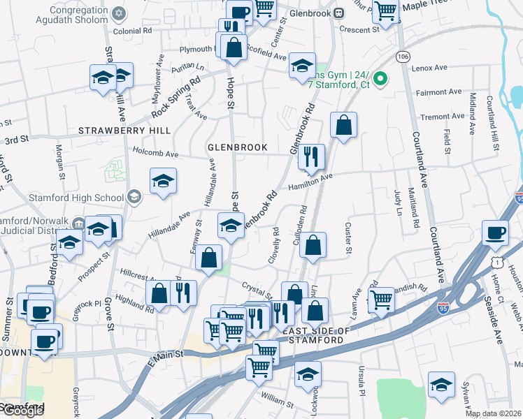 map of restaurants, bars, coffee shops, grocery stores, and more near 17 Hope Street in Stamford