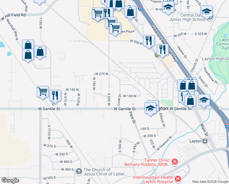 map of restaurants, bars, coffee shops, grocery stores, and more near 630 West 100 North in Layton