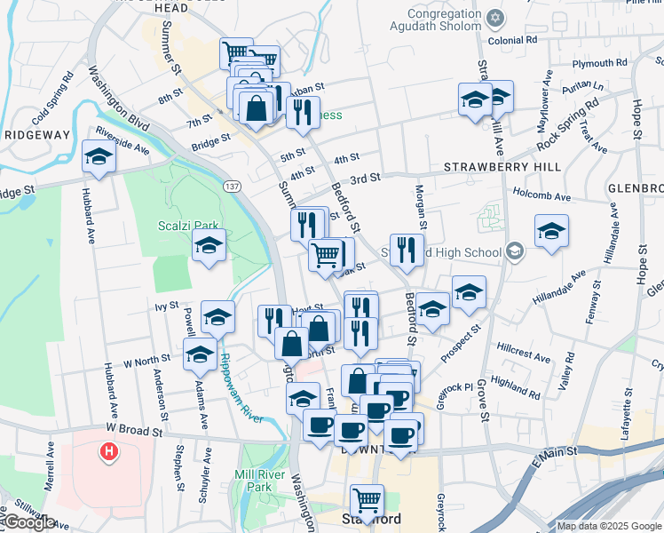map of restaurants, bars, coffee shops, grocery stores, and more near 127 1st Street in Stamford