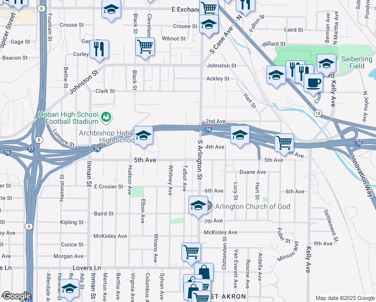 map of restaurants, bars, coffee shops, grocery stores, and more near 359 Talbot Avenue in Akron