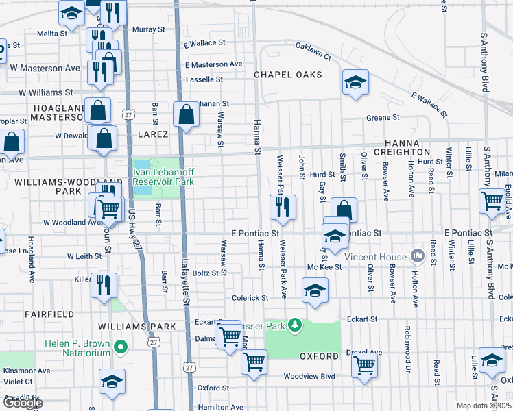 map of restaurants, bars, coffee shops, grocery stores, and more near 2514 South Hanna Street in Fort Wayne