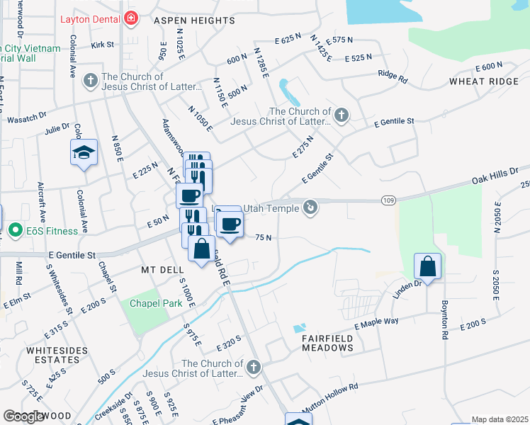 map of restaurants, bars, coffee shops, grocery stores, and more near 1323 East Gentile Street in Layton
