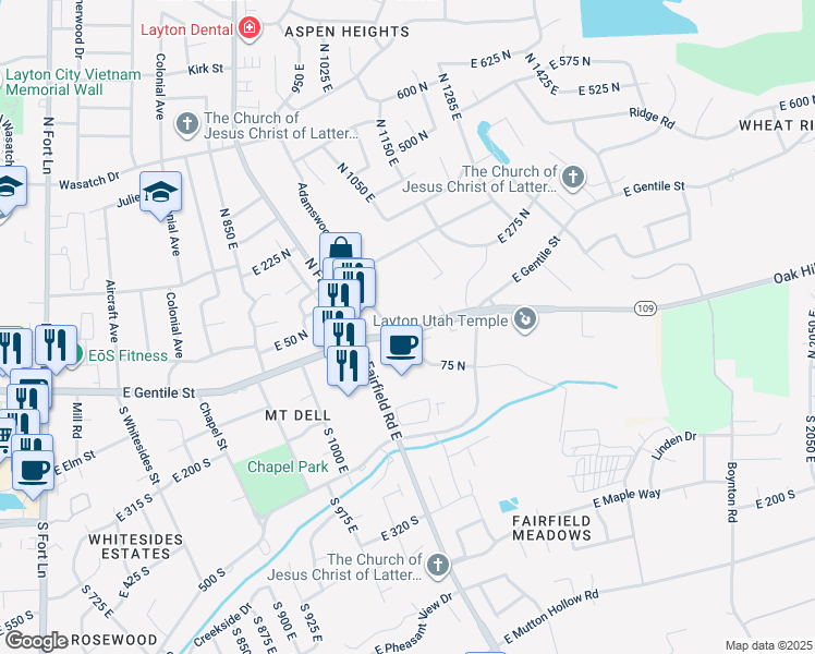map of restaurants, bars, coffee shops, grocery stores, and more near 116 North Adamswood Road in Layton