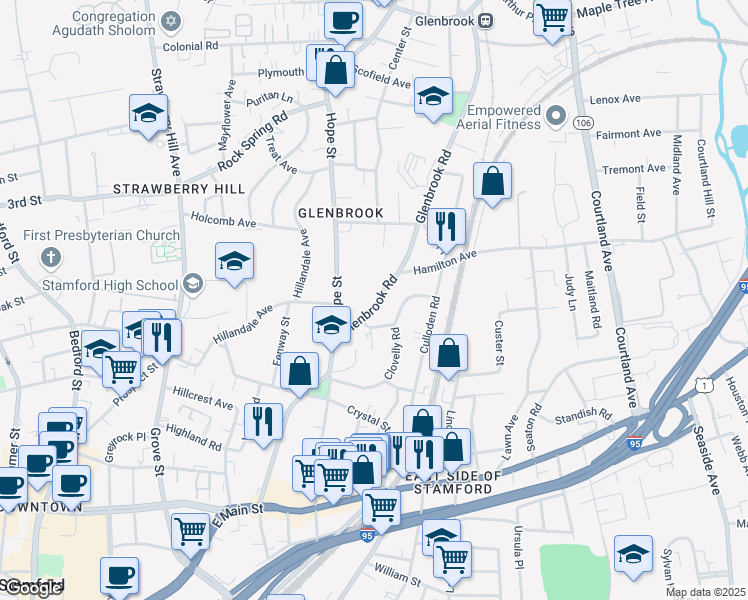 map of restaurants, bars, coffee shops, grocery stores, and more near 17 Hope Street in Stamford