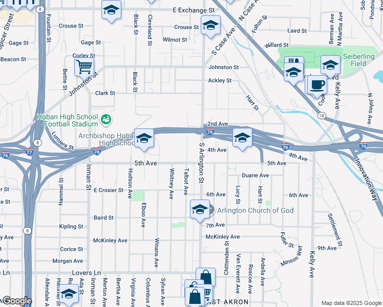map of restaurants, bars, coffee shops, grocery stores, and more near 359 Talbot Avenue in Akron