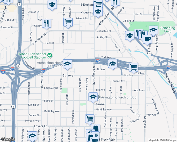 map of restaurants, bars, coffee shops, grocery stores, and more near 359 Talbot Avenue in Akron