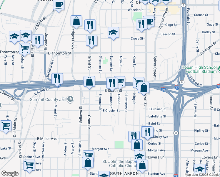 map of restaurants, bars, coffee shops, grocery stores, and more near 335 Sumner Street in Akron