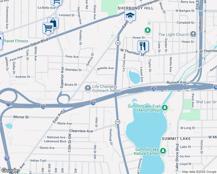 map of restaurants, bars, coffee shops, grocery stores, and more near 653 Fultz Street in Akron