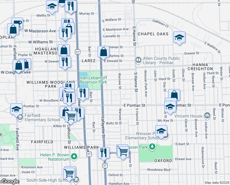 map of restaurants, bars, coffee shops, grocery stores, and more near 461 E Suttenfield St in Fort Wayne