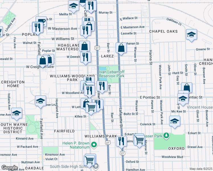 map of restaurants, bars, coffee shops, grocery stores, and more near 201 East Suttenfield Street in Fort Wayne