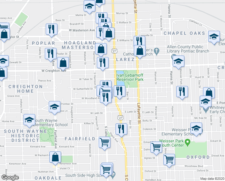 map of restaurants, bars, coffee shops, grocery stores, and more near 121 East Suttenfield Street in Fort Wayne
