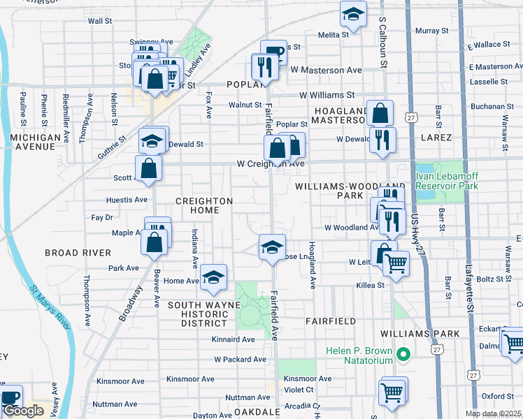 map of restaurants, bars, coffee shops, grocery stores, and more near 2424 Fairfield Avenue in Fort Wayne