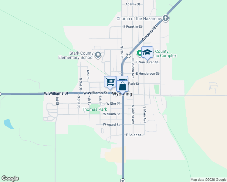 map of restaurants, bars, coffee shops, grocery stores, and more near 100-198 N 6th St in Wyoming