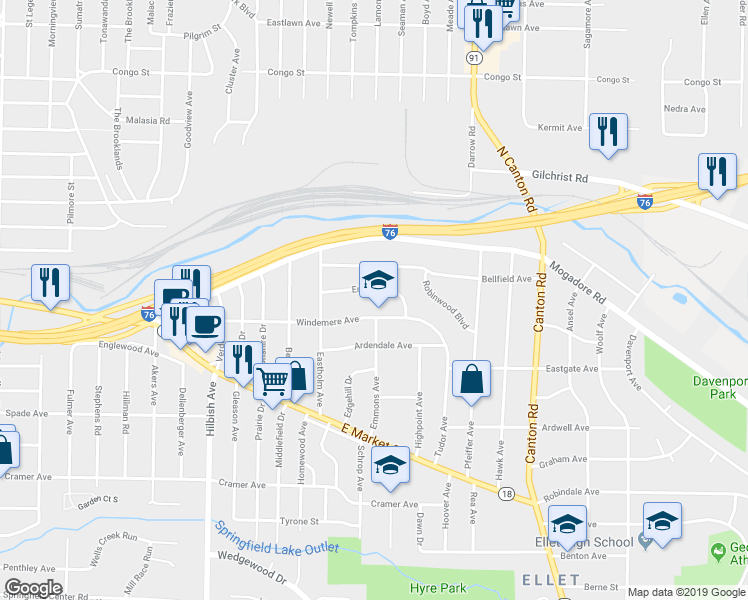 map of restaurants, bars, coffee shops, grocery stores, and more near 2283 Windemere Avenue in Akron
