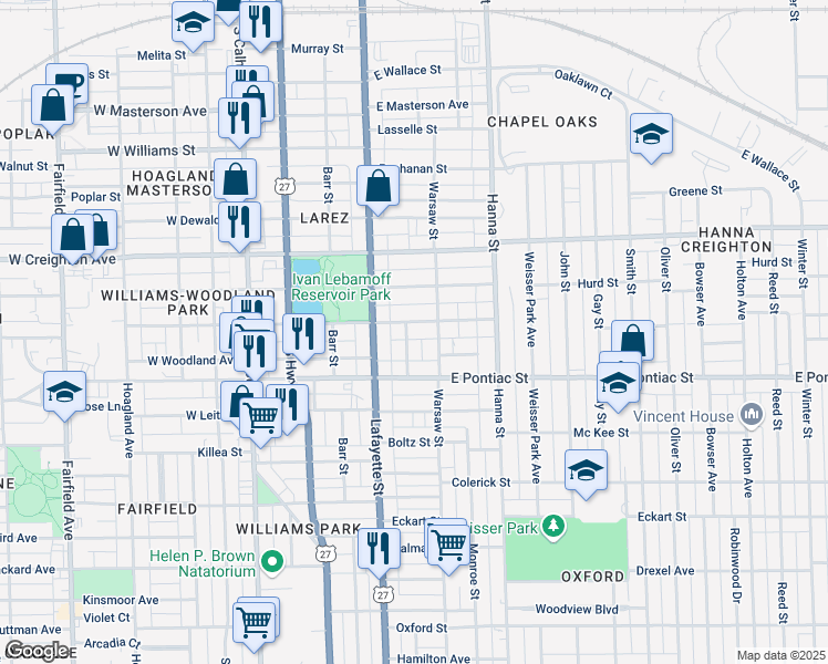 map of restaurants, bars, coffee shops, grocery stores, and more near 461 E Suttenfield St in Fort Wayne