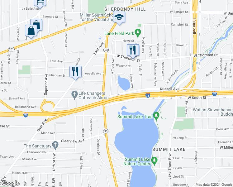 map of restaurants, bars, coffee shops, grocery stores, and more near 1180 Manning Avenue in Akron