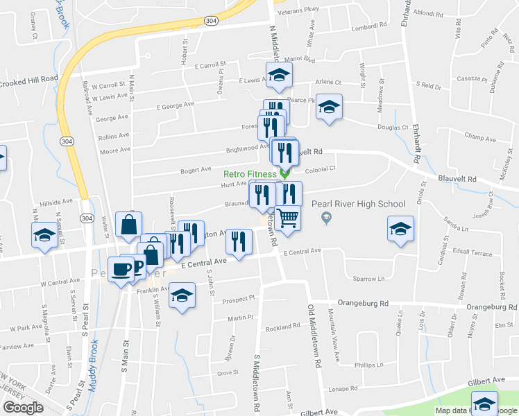 map of restaurants, bars, coffee shops, grocery stores, and more near 200 Braunsdorf Road in Pearl River