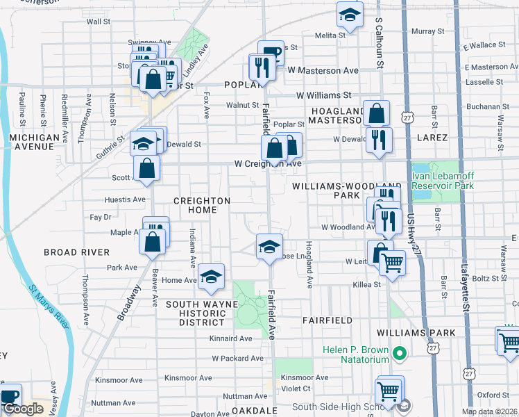 map of restaurants, bars, coffee shops, grocery stores, and more near 2440 Fairfield Avenue in Fort Wayne