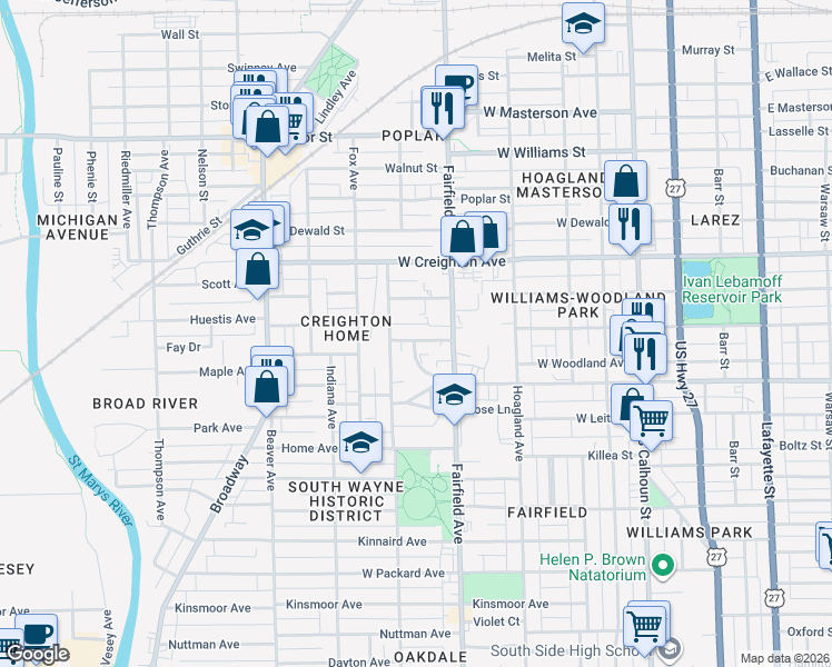 map of restaurants, bars, coffee shops, grocery stores, and more near 528 Meyer Avenue in Fort Wayne
